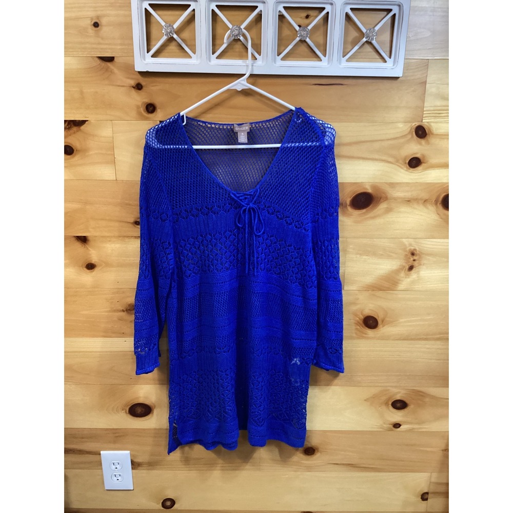 Chicos Womens Royal Blue Lace Up V-Neck Open Knit Tunic Sweater XL Boho
